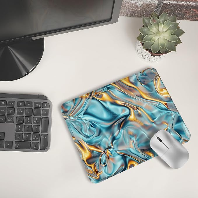 Teal Mouse Pad, Modern Blue and Gold Liquid Mouse Pads for Wireless Mouse Computers Laptop Desk Accessories, Blue Mouse Pad, Teal Office Supplies,Desk Accessories, 9.5x7.9 Inch