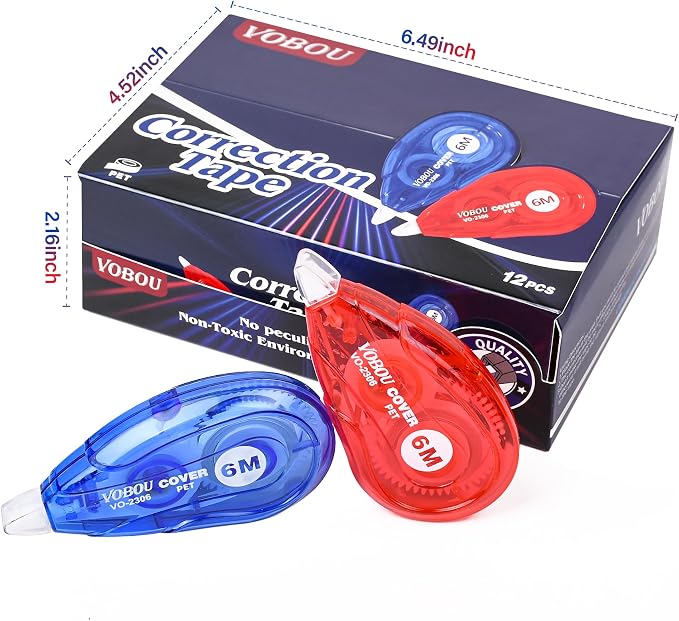 Vobou White Correction Tape, Easy To Use Applicator for Instant Corrections Wrong Writing At Any Time, For school, Office (Red and Blue, 12pack, 6M/256" x 0.2")