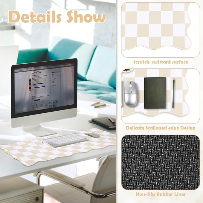 1 Pcs Beige Scalloped Checkered Desk Mat 31.5 x 11.8 Inch Large Cute Mouse Pad Computer Mat Non Slip Waterproof Rubber Base with Border Stitching Soft Keyboard Pad for Home Office Gaming Makeup