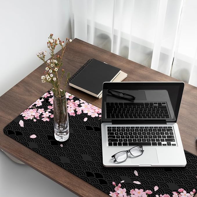 Gaming Mouse Pad with Anti-Slip Rubber Base, Extended Large Computer Mouse Mat with Stitched Edges, Long XL Anime Mousepad for Laptop and Keyboard, 31.5 x 11.8 inch (Black Cherry Blssom)