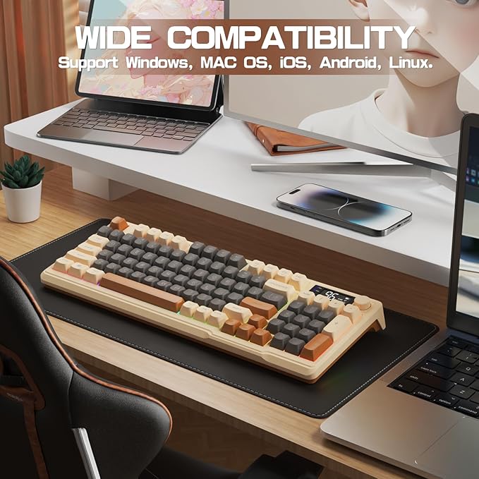 LexonElec M96 Wireless Gaming Keyboard,Knob Control Bluetooth/2.4G Wireless Mechanical Feeling Keyboard,RGB LED Backlit with Display Screen, PBT Keycap, 3000mAh, 94-Key Layout for Win/Mac(Coffee)