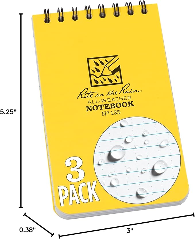 Rite in the Rain Weatherproof Top Spiral Notebook, 3" x 5", Yellow Cover, Universal Pattern, 3 Pack (No. 135-3X) | Universal Pattern, No. 935T