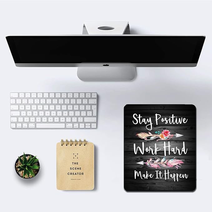 Rustic Black Wood Grain Mouse Pad, Black and White Quote Mouse Pad Office Decor, Mousepad Inspirational Quotes for Women, Stay Positive Work Hard and Make It Happen, 9.5 x 7.9 Inch