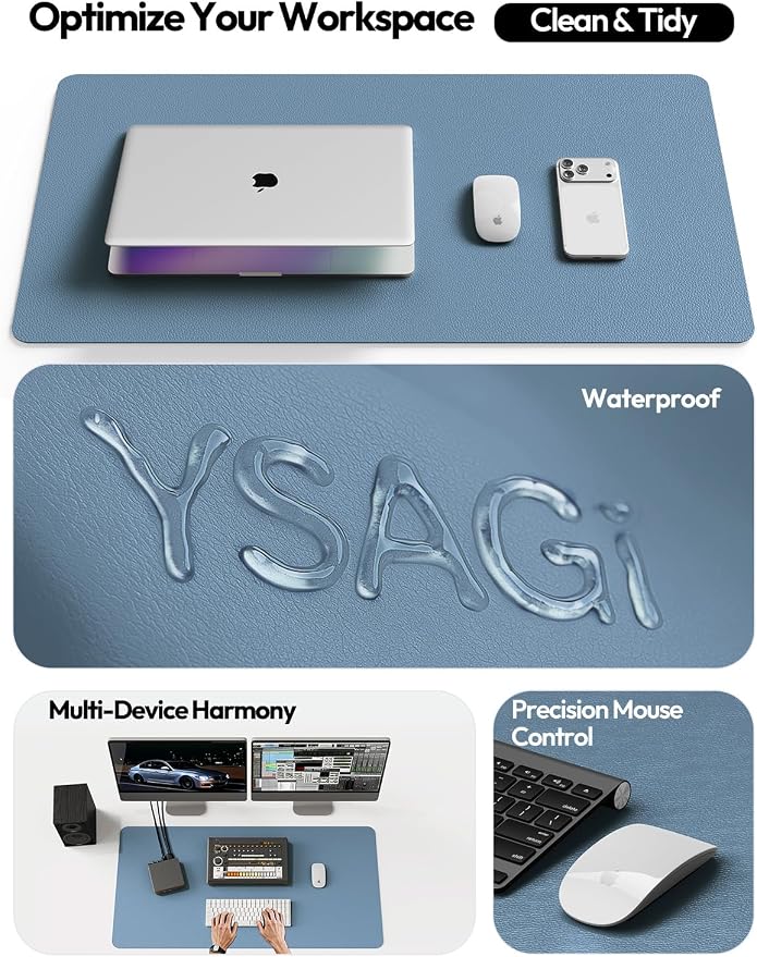 YSAGi Leather Desk Pad Protector, Office Desk Mat, Large Mouse Pad, Non-Slip PU Leather Desk Blotter, Laptop Desk Pad, Waterproof Desk Writing Pad for Office and Home (Blue, 47" x 17")