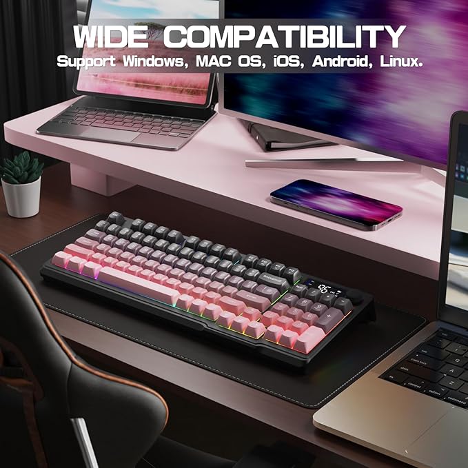 LexonElec M96 Wireless Keyboard, Low Profile Quiet Typing Membrane Gaming Keyboard with Smart Display & Knob, RGB Backlit, USB C Rechargeable, 94 Keys PBT Keycap for Windows PC, Mac, Linux-BlackBerry
