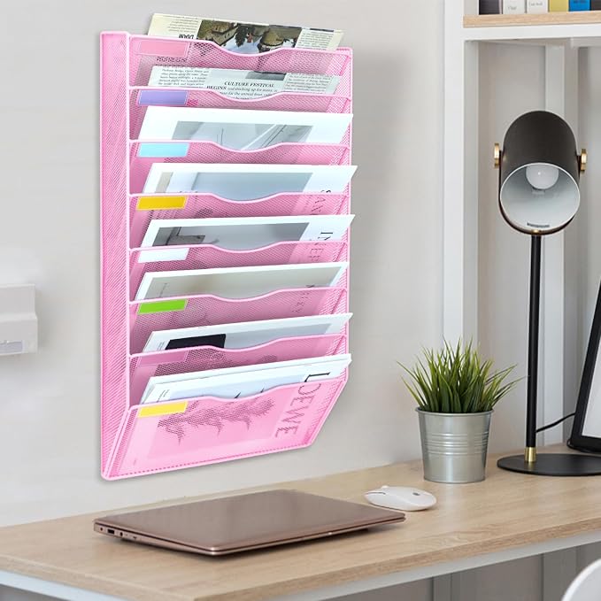 8 Pockets Mesh Wall File Holder Organizer Office Hanging File Folder Magazine Rack, Nametag Label Hooks Set Included (Pink)