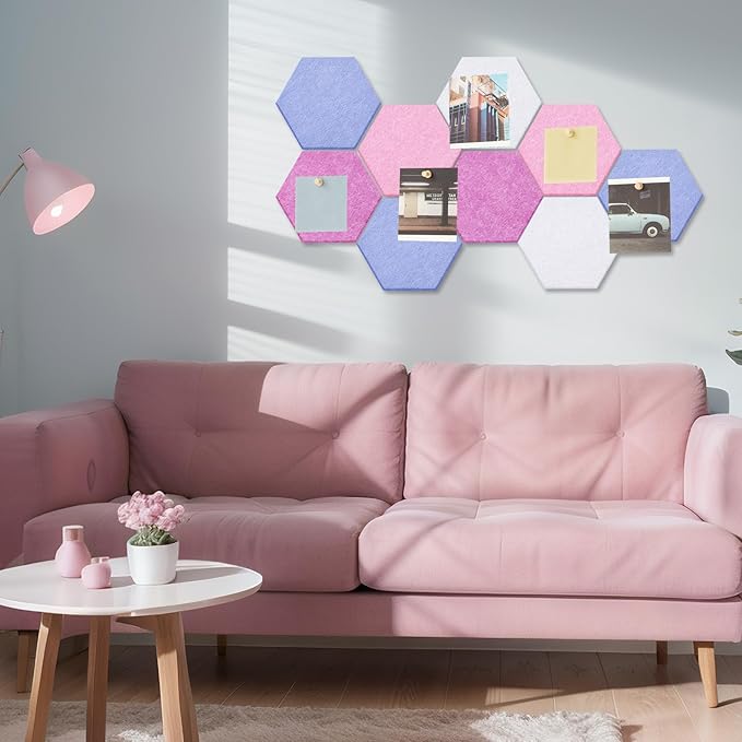 6.7 x 5.9 in 16 Pcs Hexagon Cork Board Tiles with 50 Wooden Push Pins, Cork Boards for Wall, Felt DIY Tiles with Nano Tape, Pin Board for Office Classroom Home Photo Memo Note (Pink)