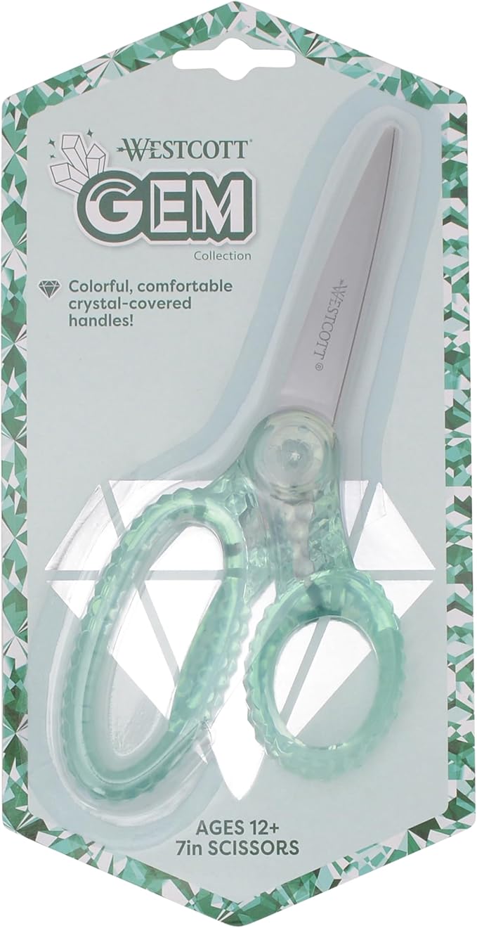 Westcott GEM Crystal-Design Scissors for Kids Ages 12+ - Back to School Essentials and Classroom Supplies - 7-Inch Pointed Student Scissors - for Right- or Left-Handed Use - Green - 1 Pack