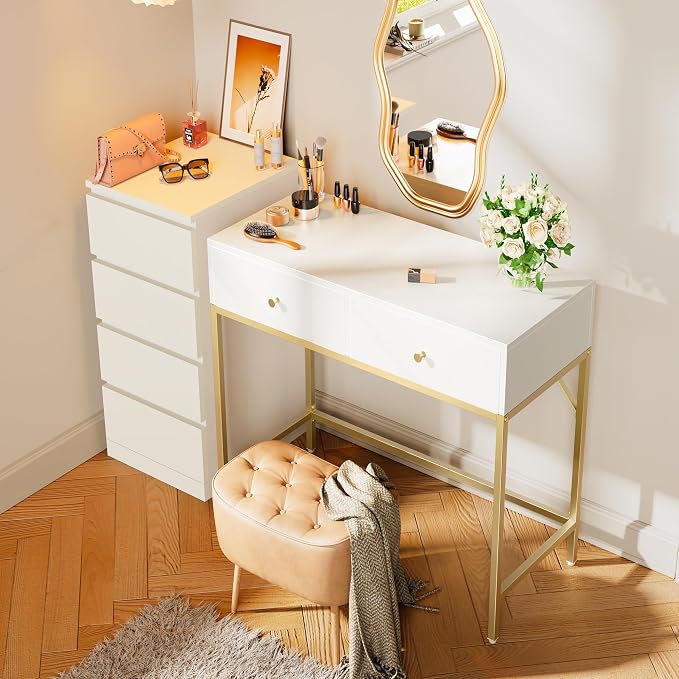 SUPERJARE 31.5" White and Gold Desk with 2 Drawers, Modern Vanity Desk | Small Makeup Table for Home Office Writing Study Bedroom