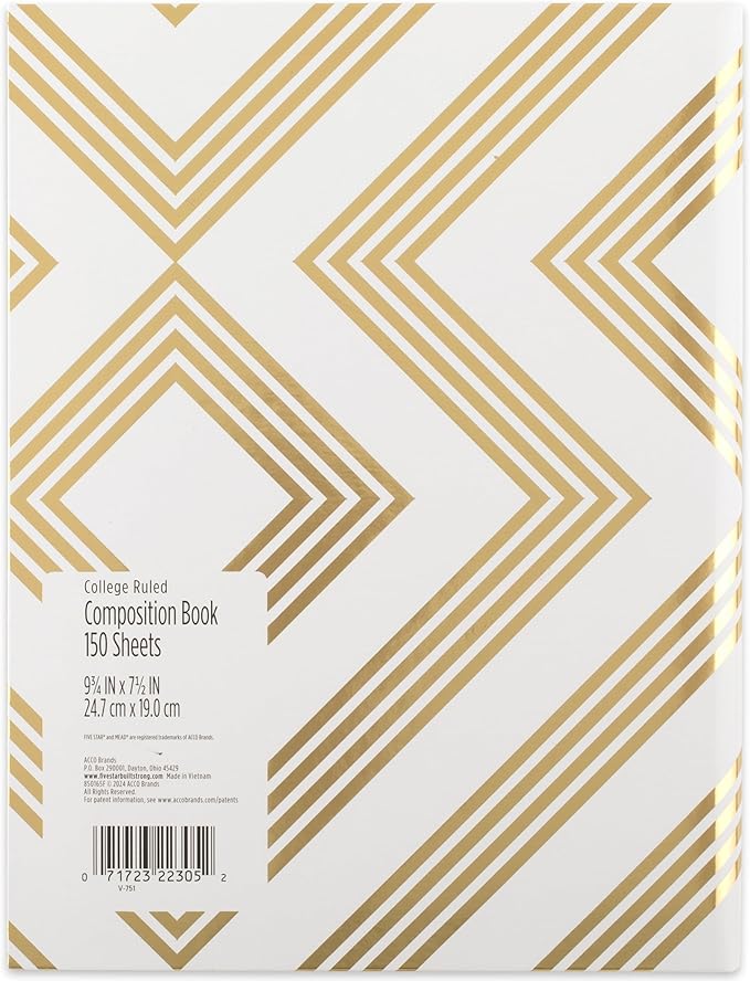 Five Star Composition Book, College Ruled Paper, 7-1/2" x 9-3/4", 150 Sheets, Hardcover, Metallic Gold Geo (850165F-ECM)