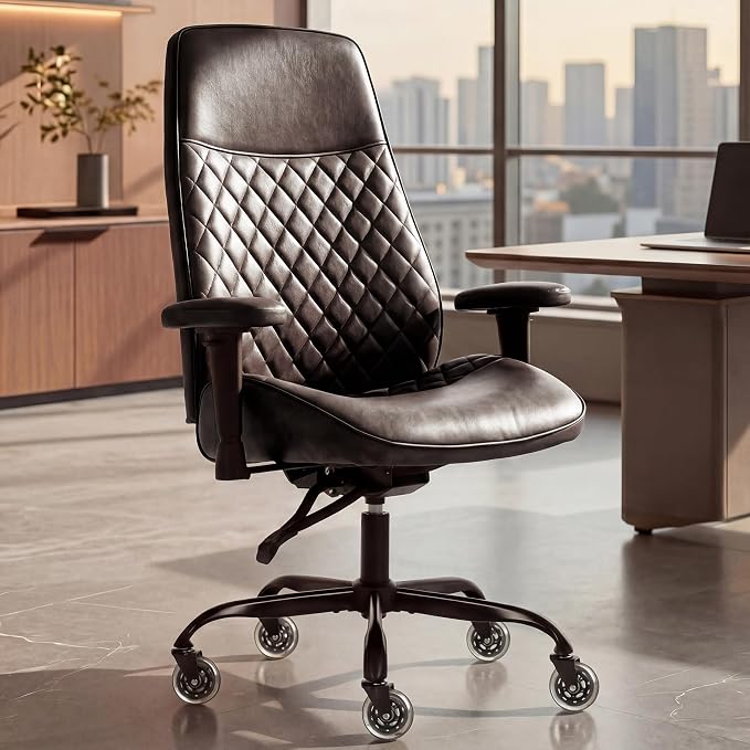 NEO CHAIR Dark Brown Leather Office Chair Ergonomic Design, Swivel Chair | Modern Computer Desk Chair with Lumbar Support, Adjustable Height Arms, Comfy Chair for Home Office, Smooth Rolling Design