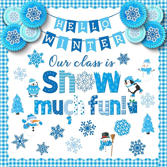 79 Pcs Winter Bulletin Board Set with 3D Paper Fans | Winter Classroom Decorations, Hello Winter Snowman Snowflake Xmas Tree Cutouts, Winter Christmas Holiday School Home Decor