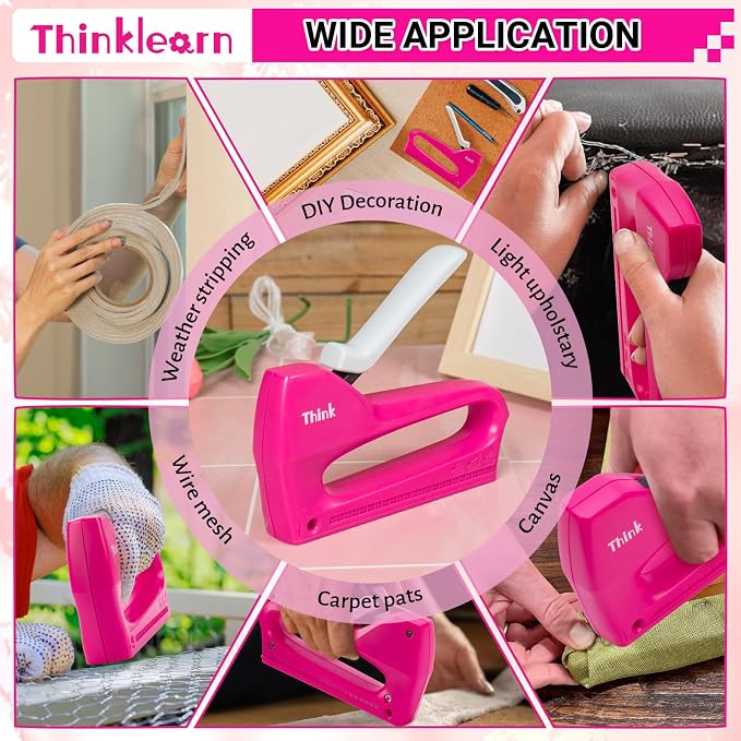 THINKLEARN Light Duty Staple Gun for Wood - Pink 4-in-1 Upholstery Staple Gun with 1600pcs JT21 Staples and Staple Remover, Fabric Staple Gun for Upholstering, Crafts, DIY, Decoration