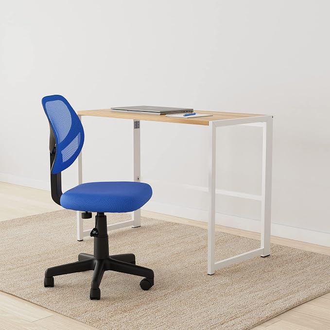 Amazon Basics Low Back Office Chair, Breathable Mesh, Height Adjustable, Padded Seat, Rolling Wheels, Swivel, Blue, 21.25" D x 22.5" W x 38" H