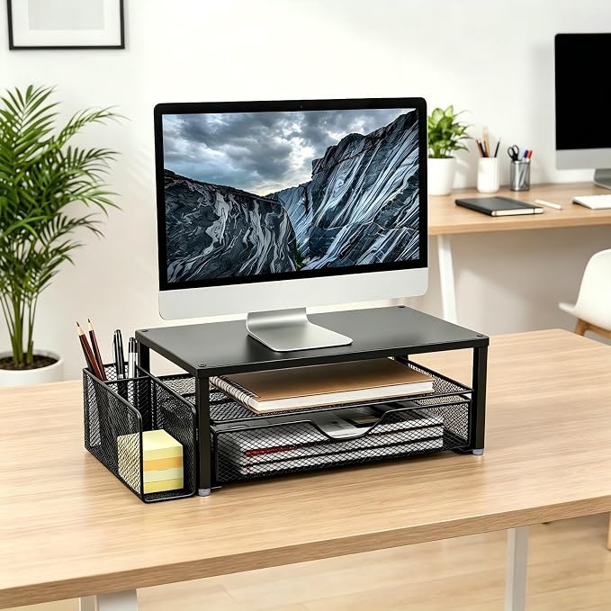 Spacrea Monitor Stand with Drawer and Pen Holder | Monitor Riser Desk Organization Desk Organizer and Accessories (Black)