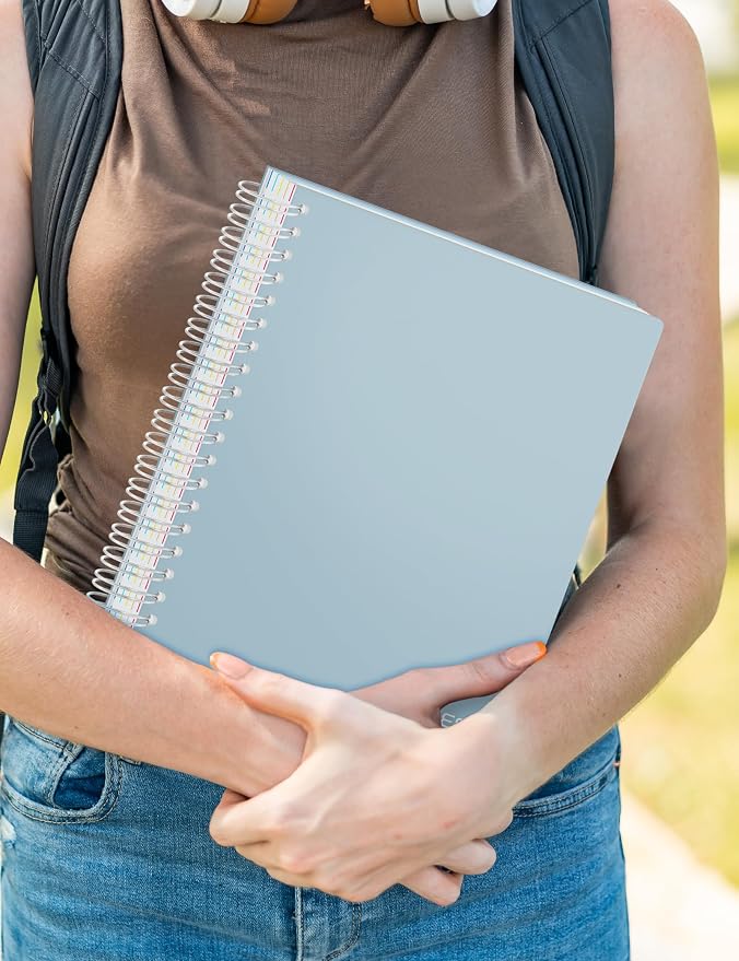 SUNEE Spiral Notebooks for Work with Removable Dividers & Tabs – College Ruled 5 Subject, 300 Pages, 3 Hole Punched, Durable PP Cover, 8"x10.5" – Notebooks for Office or School, Grey Blue