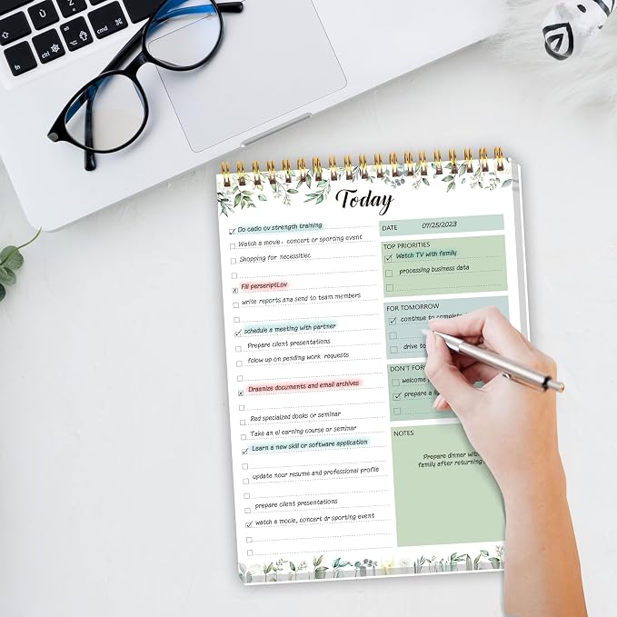 To Do List Notepad, Daily Planner, 6.5" x 9.8" | 104 Pgs, Undated 52 Duplex-Printed Sheets, Waterproof Cover,Double Spiral, Checklist Notepad, Office School Oraganized
