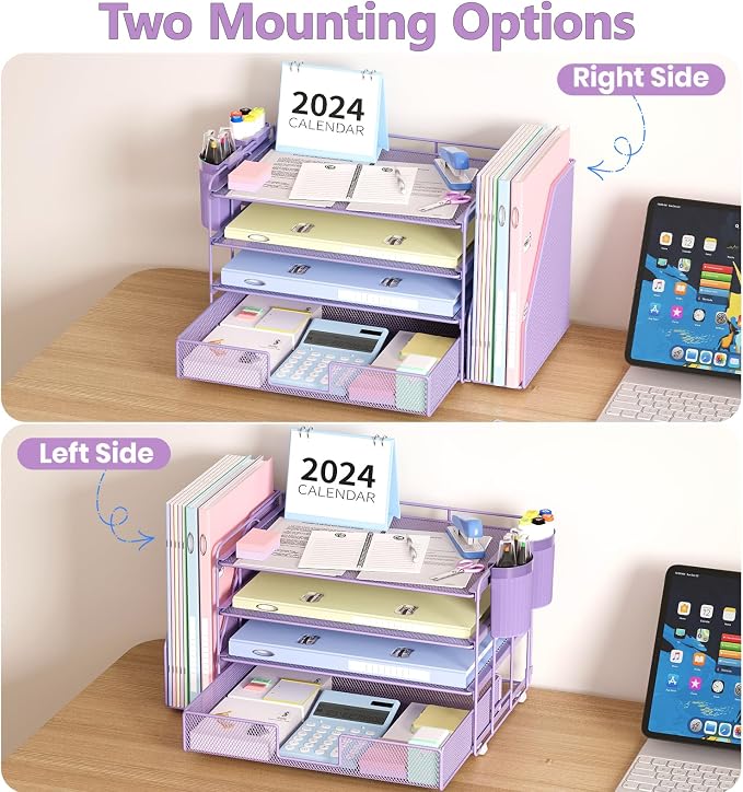 Desk Organizer, 4-Tier Desktop File Organizer with Drawer and Pen Holders, Office Desk Accessories, File Sorters, Workspace Organizers for Office Supplies(Purple)