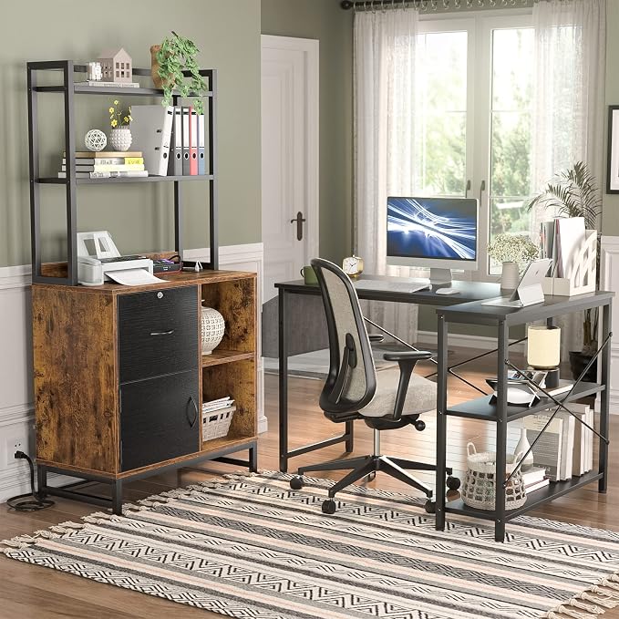 Vertical Filing Cabinet with Bookshelf, Rustic Brown | File Cabinet with Shelves, Lock & Charging Station, Drawer Office File Cabinets with Printer Stand, fits Letter Size