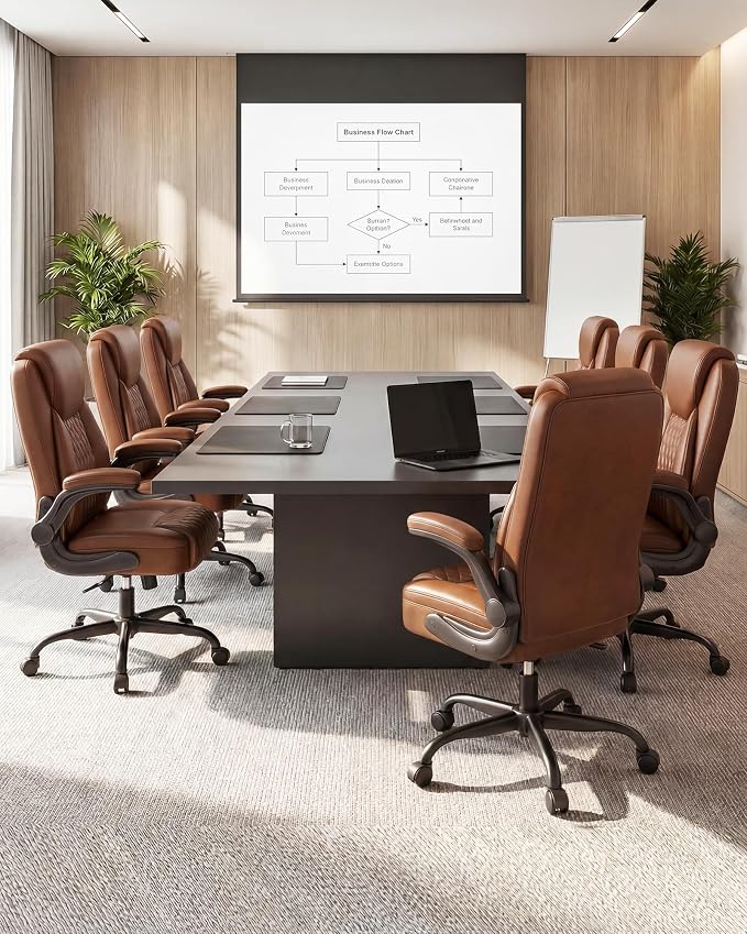 COMHOMA Mid-Back Office Chair, Ergonomic PU Desk Chair with Flip up Arms, Small Computer Gaming with Comfy Lumbar Support,Rocking Function,Sturdy Metal Base, Brown
