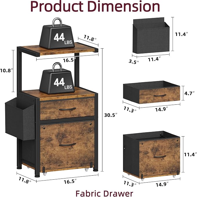 File Cabinet with 2 Fabric Drawers and Printer Stand, Rustic Brown | 2-Tier Printer & Compact Scanner Storage, Letter File Drawer, Reversible Side Bag, Rolling Support Base for Home Office
