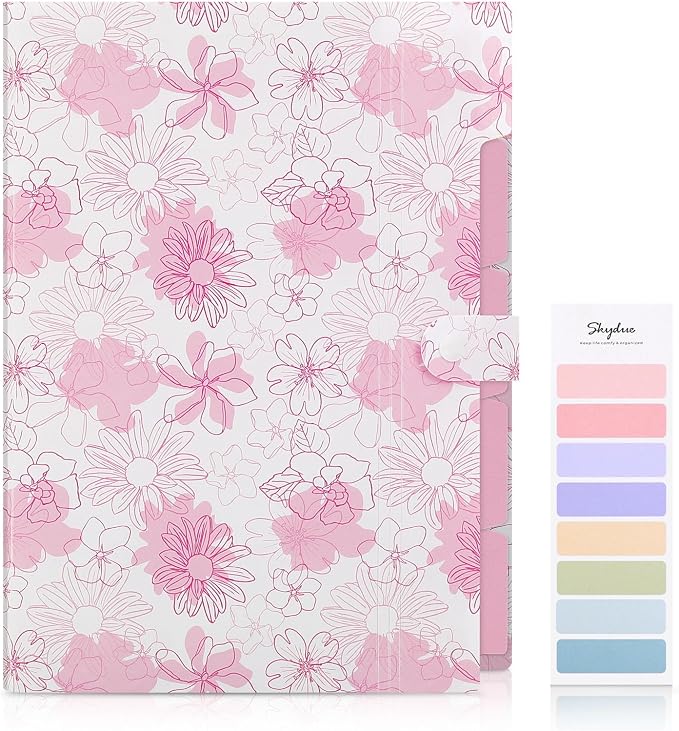 SKYDUE Accordion File Organizer, Floral Expanding File Folders with 5 Pockets, Cute Document Organizer for Paper Bills Receipt Storage, School Office & Hospital Supplies Letter/A4 Size Pink