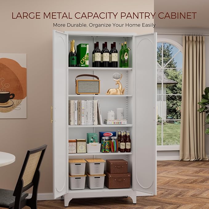 75" Tall White Storage Cabinet with Doors & 4 Adjustable Shelves | Metal Kitchen Pantry Cabinet, Metal Cabinet for Kitchen, Garage, Home Office, Living Room & School