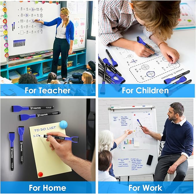 maxtek Magnetic Whiteboard Markers - 12 Count Blue Fine Tip Dry Erase Markers with Eraser for Kids, Low Odor Thin Markers for Calendar Boards