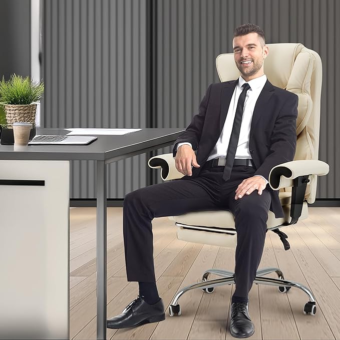 6-Point Massage Executive Chair,Heat Office Chair,Ergonomic Home Office Desk Chairs with Retractable Footrest and Reclining Function,Leather Computer Chair with Adjustable Armrest(โOff White)