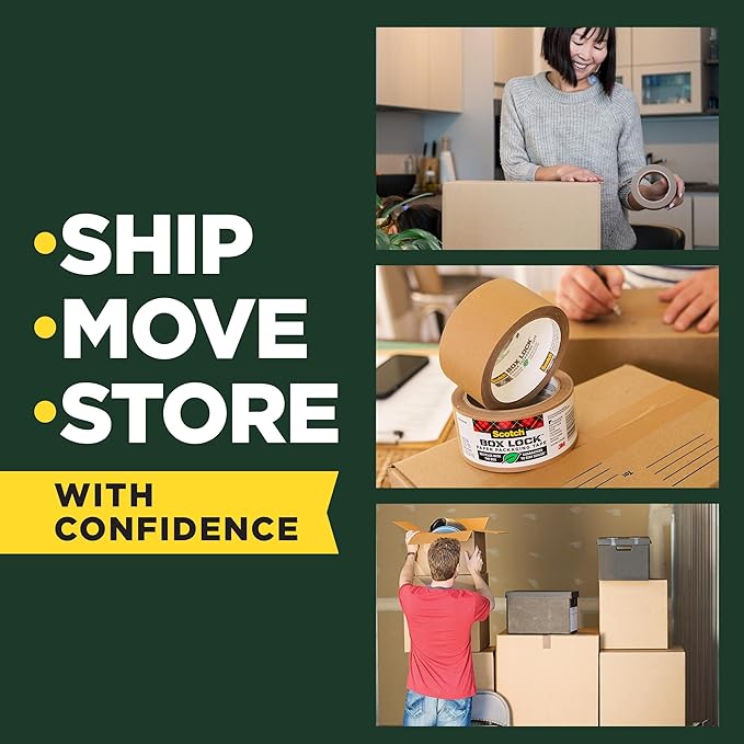 Scotch Box Lock Paper Packing Tape, Kraft Brown, Extreme Grip Kraft Paper Tape That Recycles with The Box, Moving Supplies, 1.88 in. x 25 yd., 1 Tape Roll