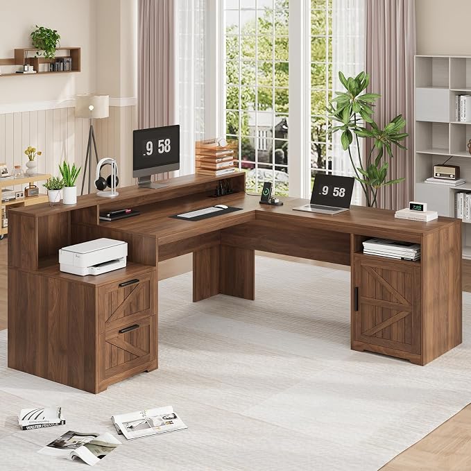63" Farmhouse L Shaped Desk with Drawers & Printer Shelf for Home Office | Corner Computer Desk with Storage, Power Outlets, L Shaped Office Desk with Monitor Stand, Printer Shelf, Brown