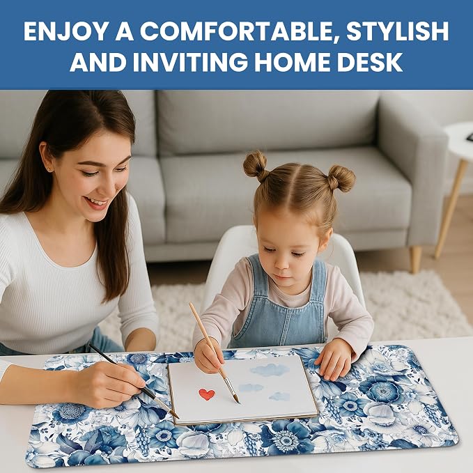Large Desk Mat, Extended Mouse Pad for Desktop, 31.5" x 11.8" | Blue Floral Extended Desk Pad with Non-Slip Rubber Base and Smooth Surface for Work, Gaming, Office and Home