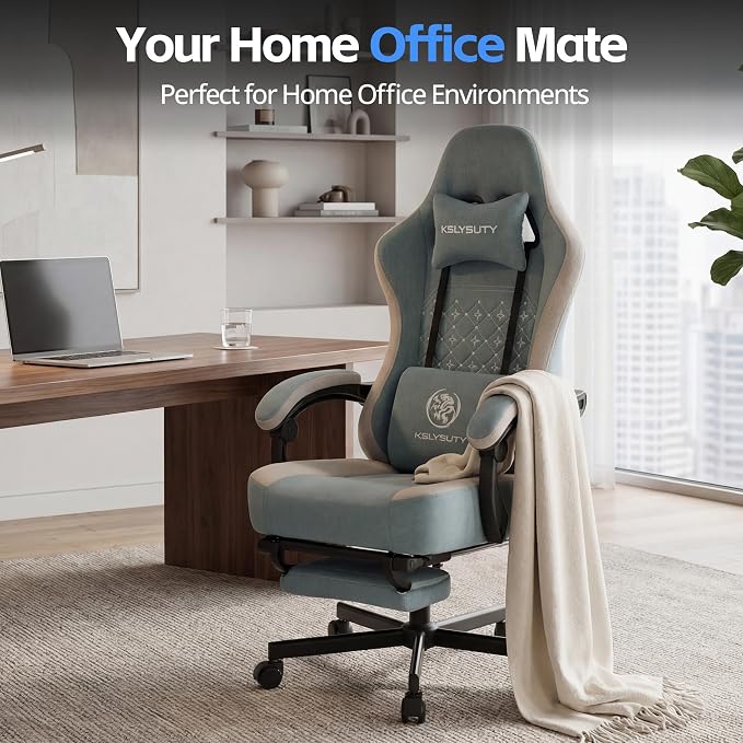 Desk Computer Gaming Chair - Ergonomic Game Office Chair with Extended Footrest and Massage Lumbar Support, Home Gamer Video Game Chairs with Spring Cushion for Adults (Pro Blue Fabric)