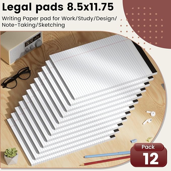 12 Pack Legal Pads 8.5 x 11 College Ruled Notepads, White Legal Note Pads | 8.5 x 11 Lined Paper College Ruled White Notepads 30 Sheets Per White Writing Pad for Work Study Daily Note Taking List