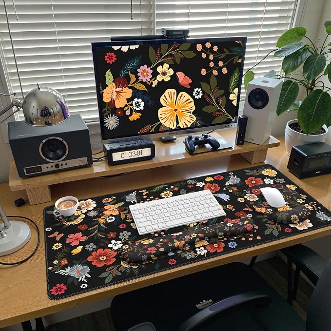 iCasso Desk Cover Mat, 4in1 Floral Large Mouse Pad with Wrist Rest, Desk Matt for Desktop, Anti-Slip XXL Big Computer Ergonomic Mousepad with Wrist Support for Keyboard and Mouse (Flowers)