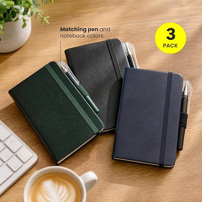AISBUGUR Small Notebook Journal - 3 Pack Total 480 Pages - Pocket Notebooks with Pens for Work - 3.7" x 5.7" A6 Notebook - Hardcover Mini Notebooks