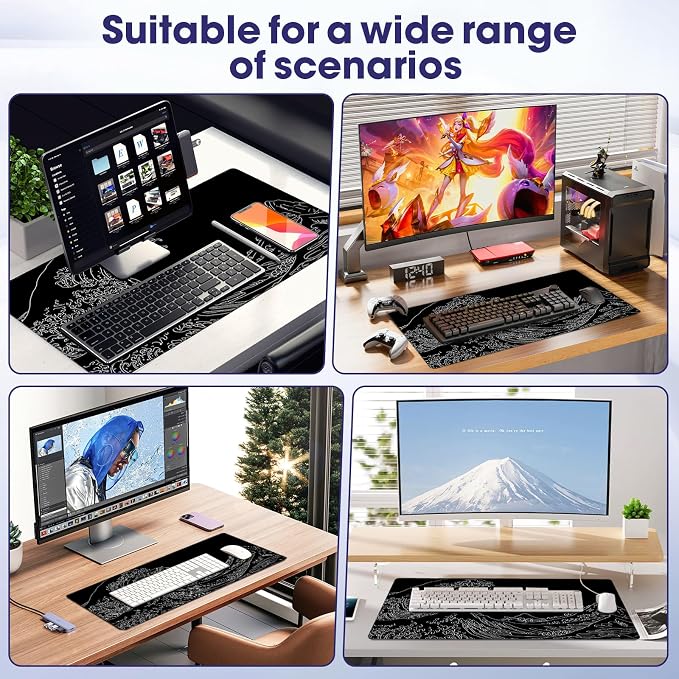 Professional Extended Gaming Mouse Pad - 31.5" x 15.7" Large Desk Mat with Stitched Edges, Waterproof Coating Non-Slip Rubber Base for Gamers Esports Pros Office Home, Black Wave