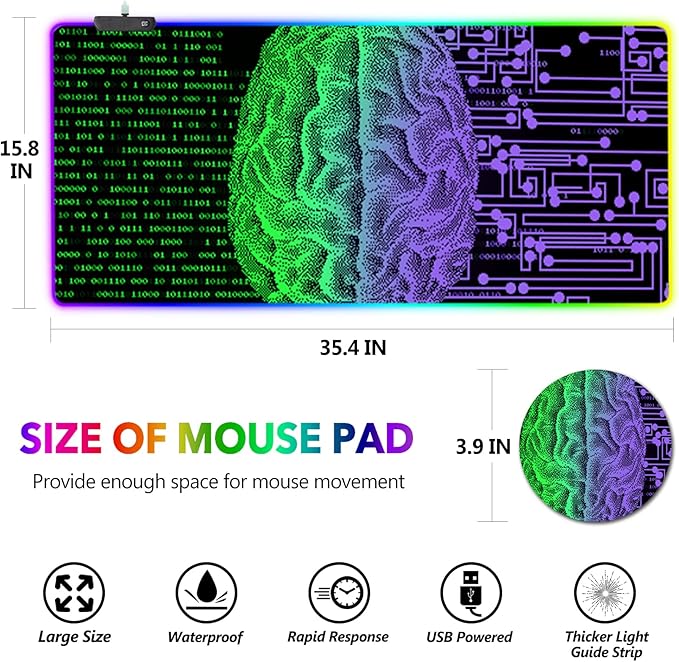 AIMSA Large Gaming Mouse Pad RGB, Keyboard Led Mousepad Extended 35.4 x 15.8 inch Non-Slip Rubber Base with 14 Lighting Modes, Big Desk Mat Waterproof, Technology Brain