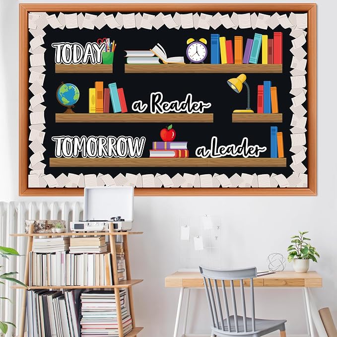 Qilery Bookshelf Bulletin Board Set Today a Reader Tomorrow a Leader | Motivational Classroom Decor Reading Library Bulletin Board Set Inspirational Cutout for Back to School Classroom Decoration