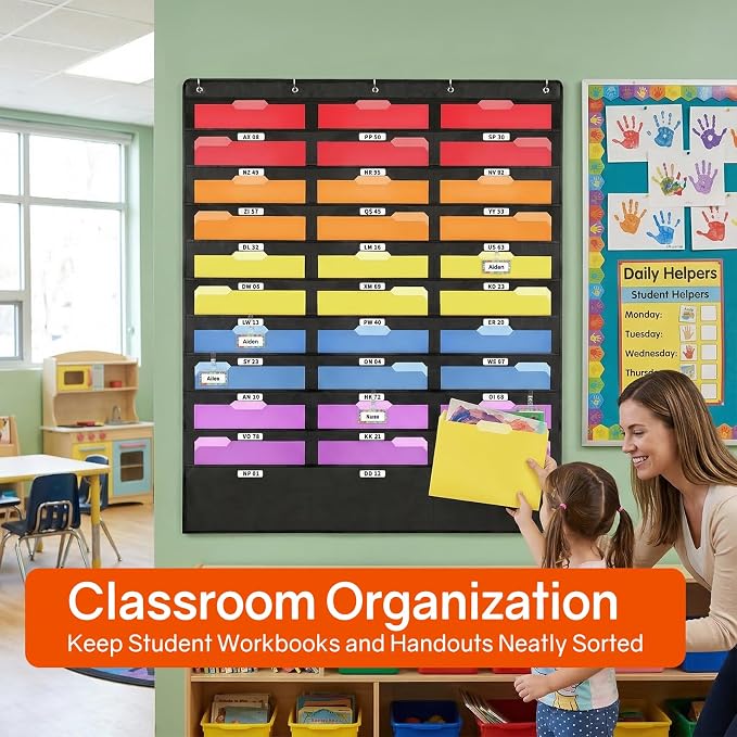 SUNEE 30 Pockets Hanging Wall File Organizer, Black Storage Pocket Chart for File Folder and Paper, Space Saver for Office and Classroom, with Wall Hangers, Over The Door Hooks, Labels
