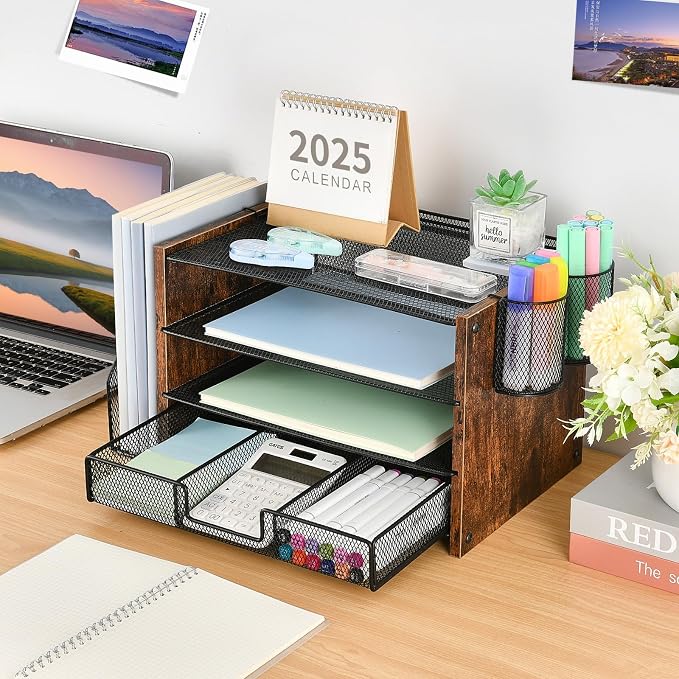 Desk Organizer, 4-Tier Desktop File Organizer with Drawer and Pen Holders, Office Desk Accessories, File Sorters, Workspace Organizers for Office Supplies(Brown Wood)