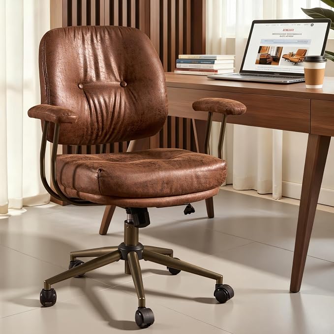 ovios Home Office Chair with Thick Cushion, Mid-Century Modern Faux Leather Ergonomic Chairs, Mid Back Swivel Rolling Computer Executive Armchair (Dark Brown, Suede Leather)