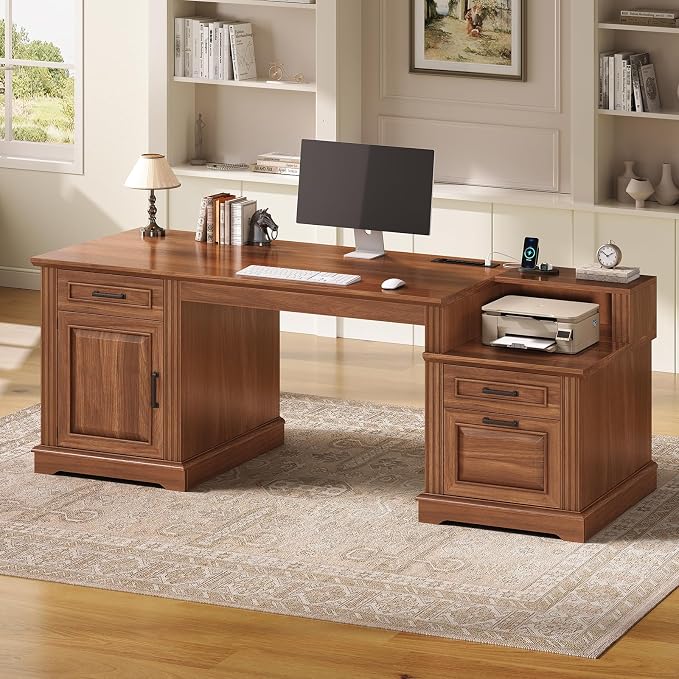 SEDETA Farmhouse Executive Desk, 62'' Home Office Desk with File Drawers, 3Drawer and Storage Cabinet, Computer Desk with Power Outlet for Home Office, Work Study Writing, Walnut