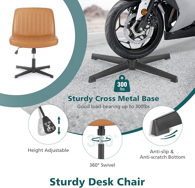 OLIXIS Criss Cross Office Chair, Vanity Chair, Home Office Desk | Wide Seat, Height Adjustable, PU Leather Padded, Armless No Wheels, Bedroom, Study Room, Brown Dual Base