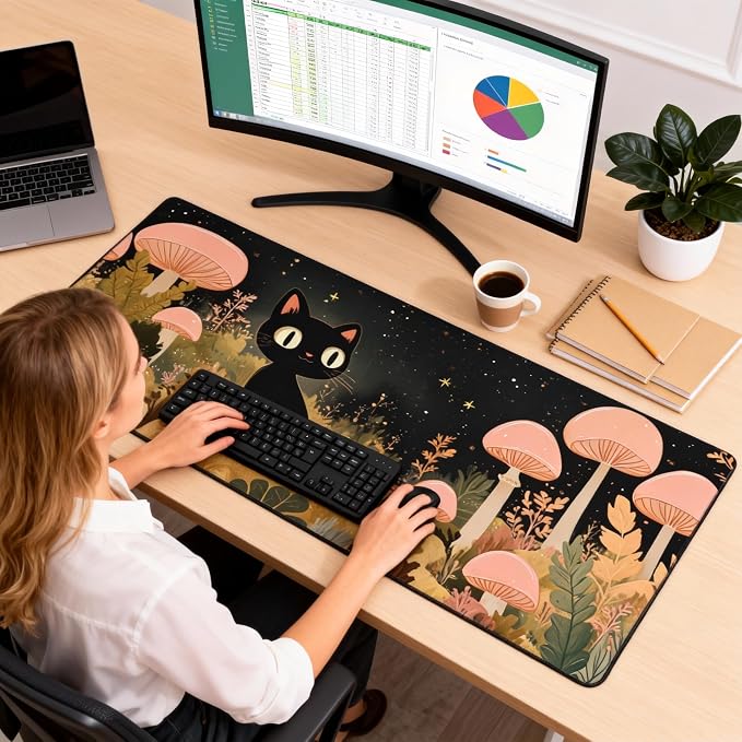 Cute Anime Black Cat Gaming Mouse Pad, Blue Pink Warm Healing Desk Mat with Anti-Slip Base & Stitched Edges,35.4" x 15.7" in Table Mat for Computer Desktop, Beautiful Workstation Decor