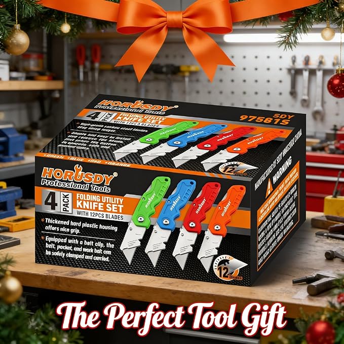 HORUSDY 4-Pack Folding Utility Knife Set, Heavy-Duty Box Cutters with 12 Extra Blades, Quick-Change Razor Knives with Color-Coded Handles (Green/Blue/Red/Orange) for Jobsite, Warehouse & Home Use