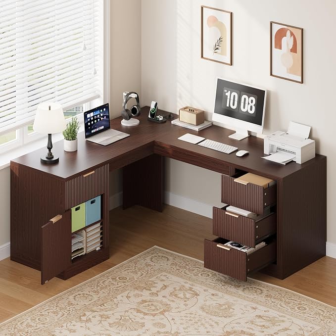 FURSUN 69" Executive L Shaped Desk, Wood Corner Executive Computer Desk with Power Outlets & Storage Drawers, Large Office Desk Workstation for Home, Dark Walnut
