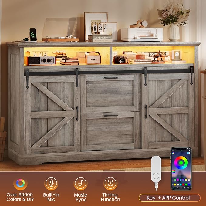SEDETA 47.2" File Cabinet, 2 Drawers Filing Cabinets for Home Office fit Legal/Letter/A4 File, Farmhouse File Cabinet with Barn Door & Power Outlets, Printer Stand with Storage & LED Lights, Grey