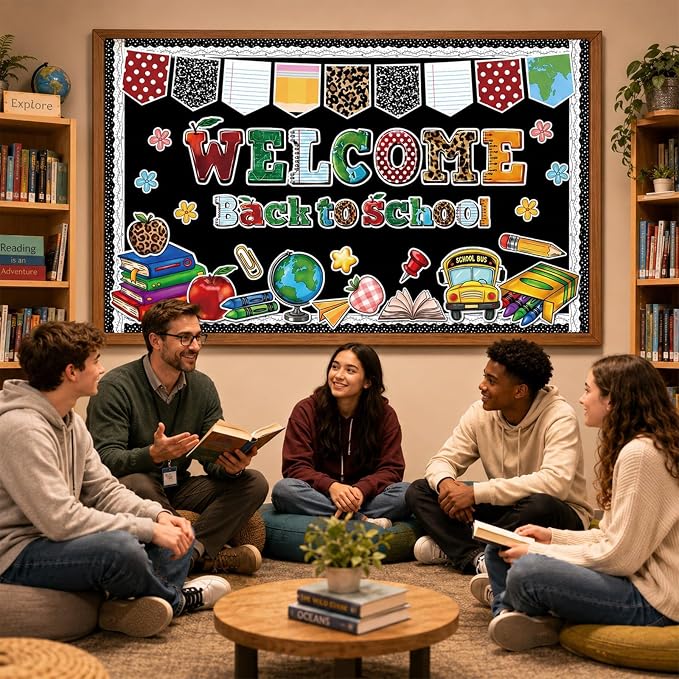Welcome Back to School Bulletin Board Decoration Set Composition Notebook Classroom Decor Motivational Pencil Crayon Bus Paper Cutouts for First Day of School Office Wall Door Teacher Supplies