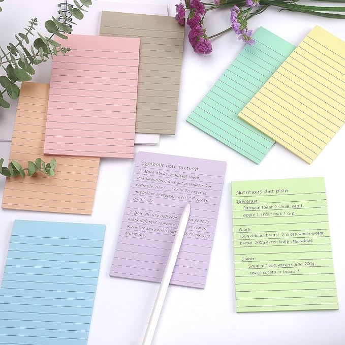 Lined Sticky Notes, 4x6 in, 8 Pack, Light Colors, Self-Adhesive Notepads | Large Sticky Pads for Office, School & Home Use, Easy to Use, Reusable & Removable